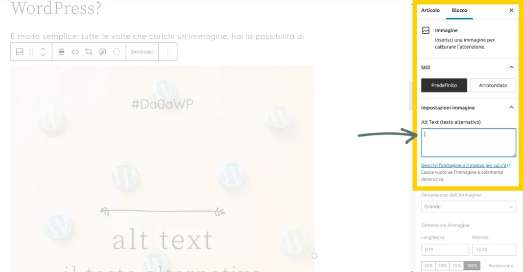 Come impostare l'alt text in WordPress- Selezionare il blocco immagine, nella colonna di destra compilare il campo testo alternativo