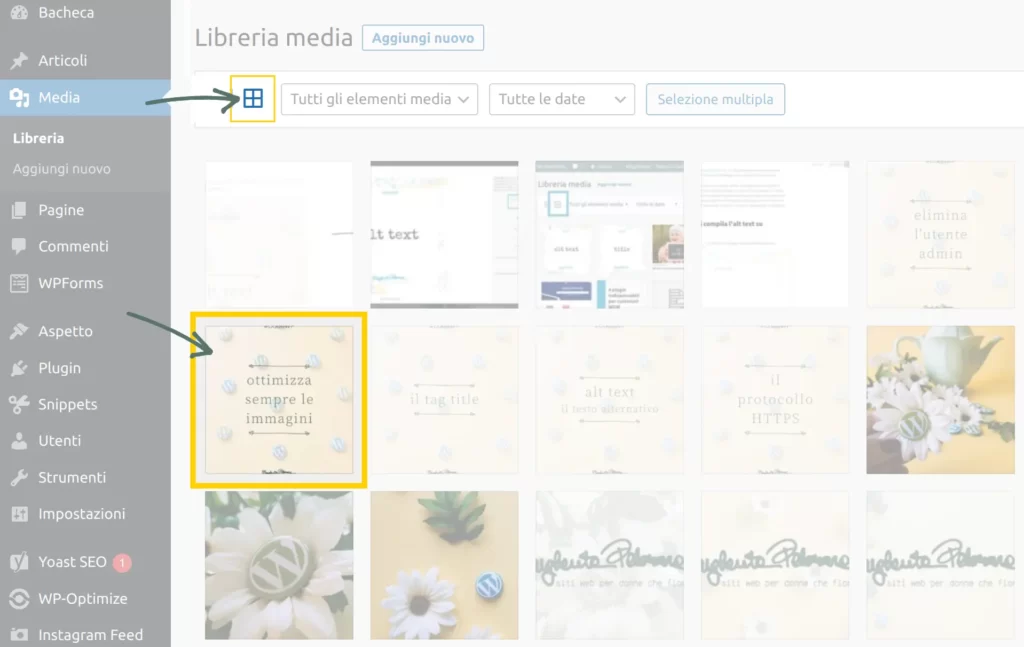Per impostare alt text nelle immagini già caricate, spostarsi su LIBRERIA MEDIA e impostare la visualizzazione a griglia.